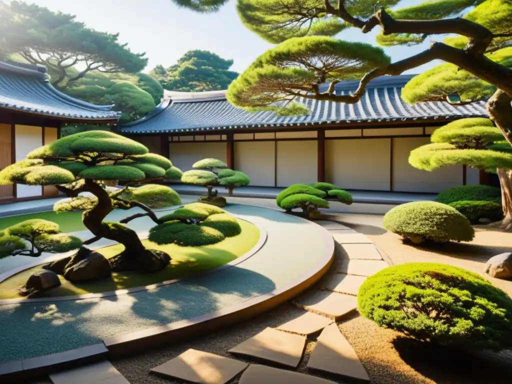 Un jardín japonés sereno con bonsáis alineados en un camino pacífico hacia un dojo tradicional