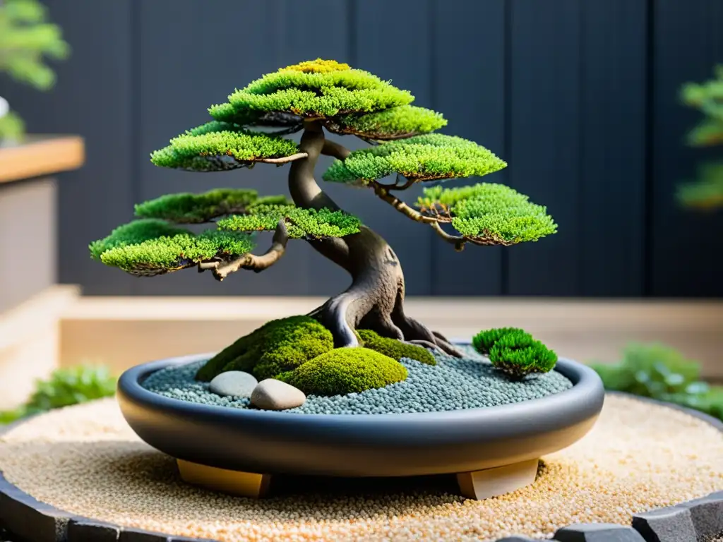 Un jardín zen japonés sereno con un pequeño árbol bonsái meticulosamente podado en un pedestal de piedra