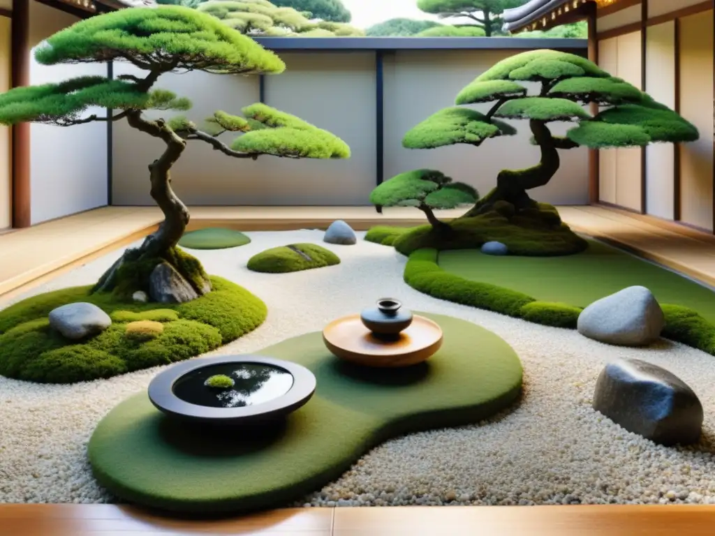 Un jardín japonés sereno con rocas, bonsáis y cascada, creando armonía y equilibrio