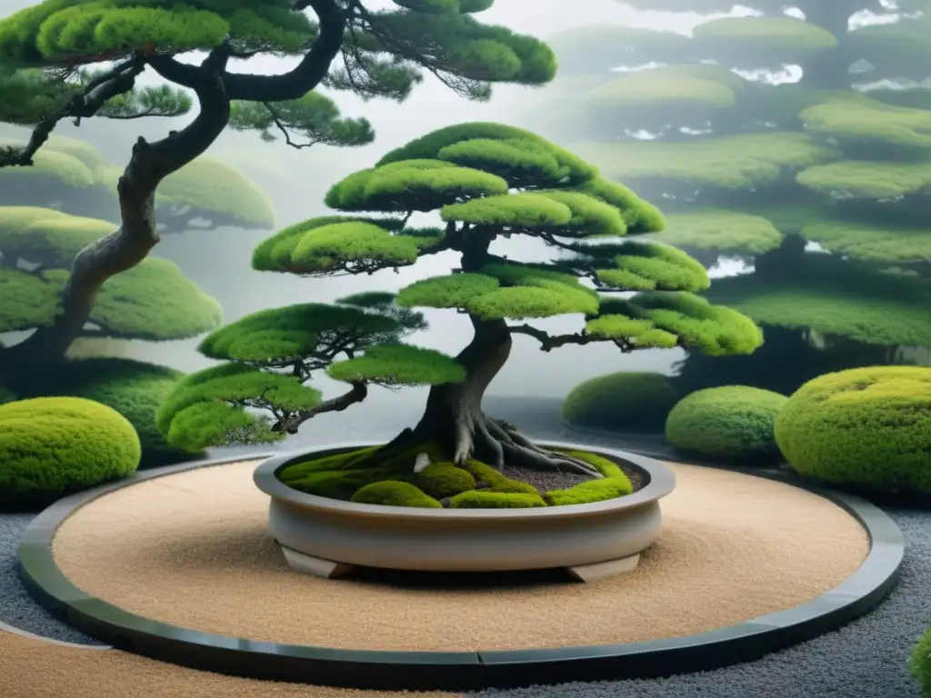 Un jardín japonés tranquilo con un bonsái asiático regalo, simbolizando armonía y belleza atemporal