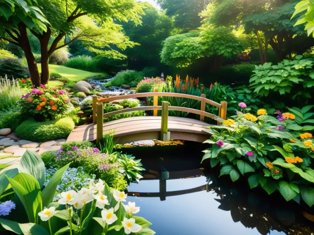 Un jardín de ensueño con flores vibrantes, arroyo sereno y un puente de madera