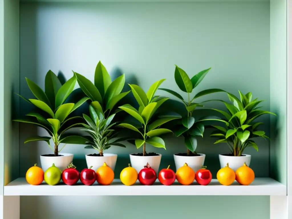 Un jardín de frutas en miniatura en interiores con cítricos y arbustos de bayas, en un estante moderno