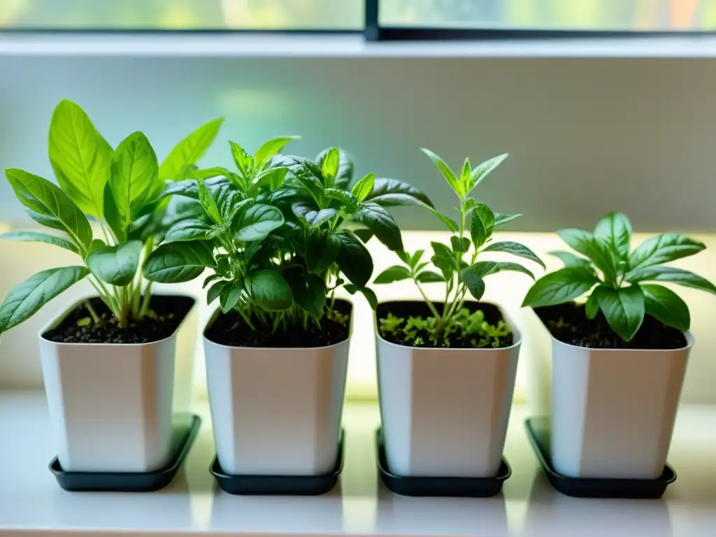 Un jardín de hierbas aromáticas en una cocina pequeña, con variedad de plantas en macetas modernas