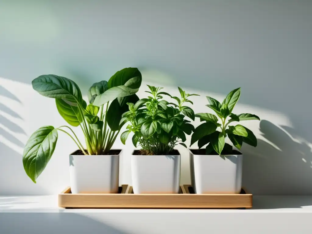 Un jardín de hierbas aromáticas en un espacio interior minimalista, cuidado y tranquilo, perfecto para un clima árido