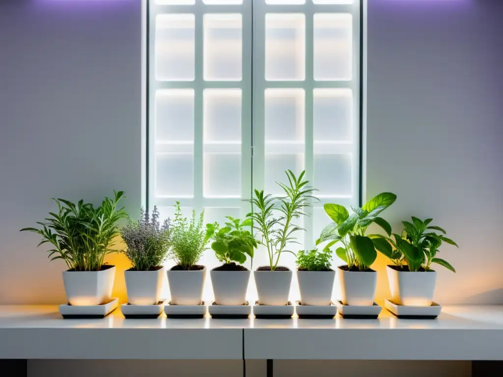 Un jardín de hierbas aromáticas en interiores, con plantas saludables y frescas en macetas blancas, iluminado por luz natural