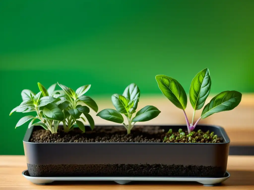 Un jardín de hierbas aromáticas en interiores, con plantas vibrantes y detalles intrincados, muestra el cuidado esencial