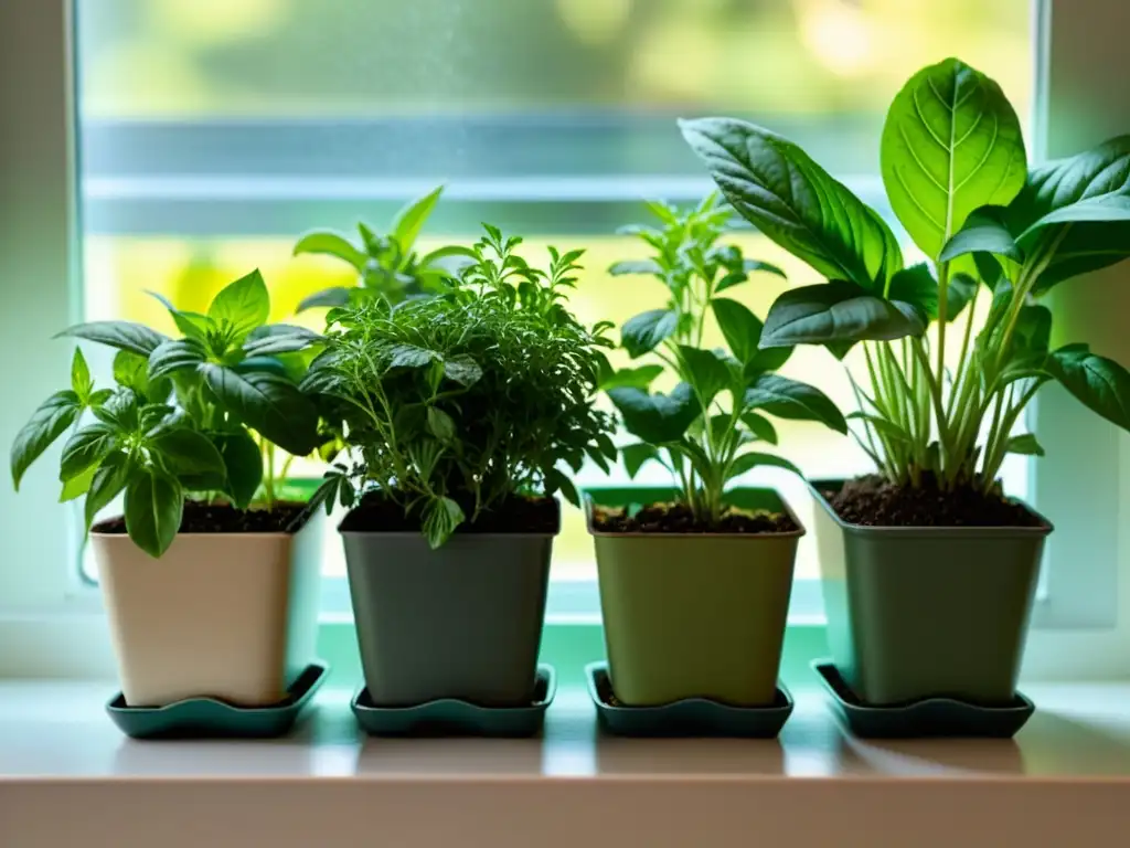 Un jardín de hierbas aromáticas en interiores, con basil, menta y romero en macetas individuales