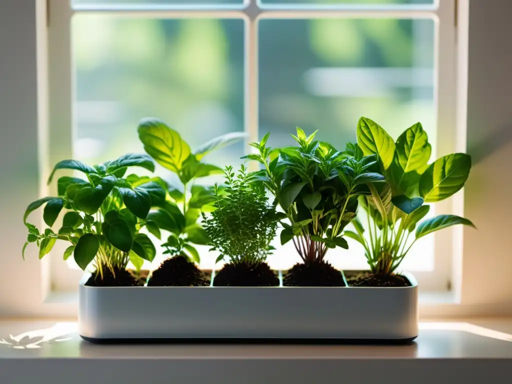 Un jardín de hierbas aromáticas en interiores con luz natural, potenciando la belleza y tranquilidad de cultivar hierbas en casa