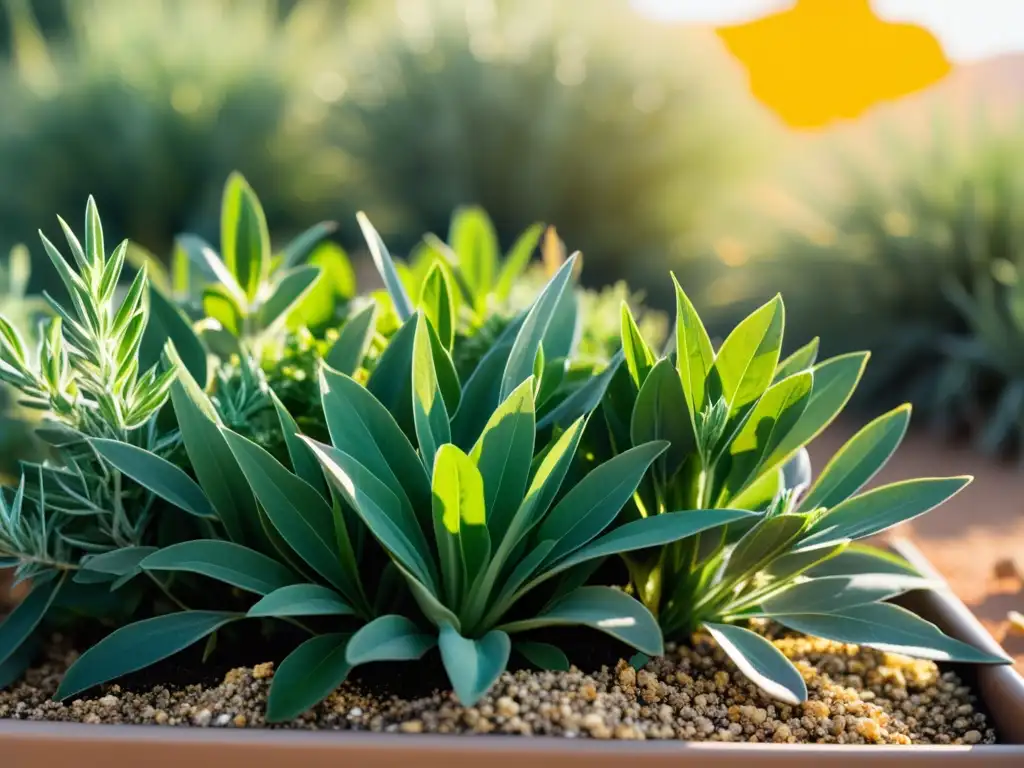 Un jardín de hierbas aromáticas próspero en un paisaje desértico, cuidado y vibrante, resalta en contraste con el clima árido