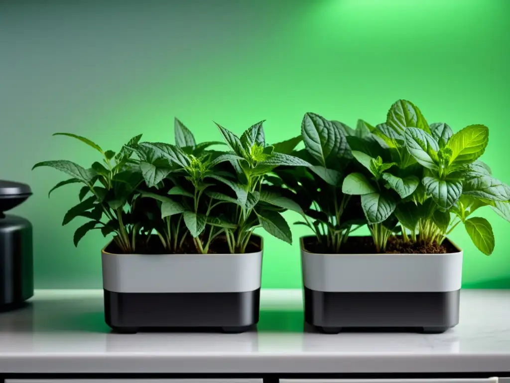 Un jardín de hierbas interior con menta fresca en macetas modernas, iluminado suavemente