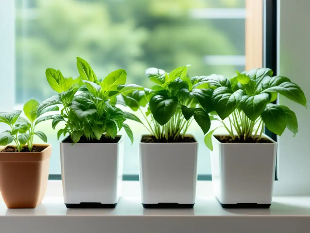 Un jardín de hierbas interior moderno y vibrante con albahaca, perejil y cilantro en macetas blancas