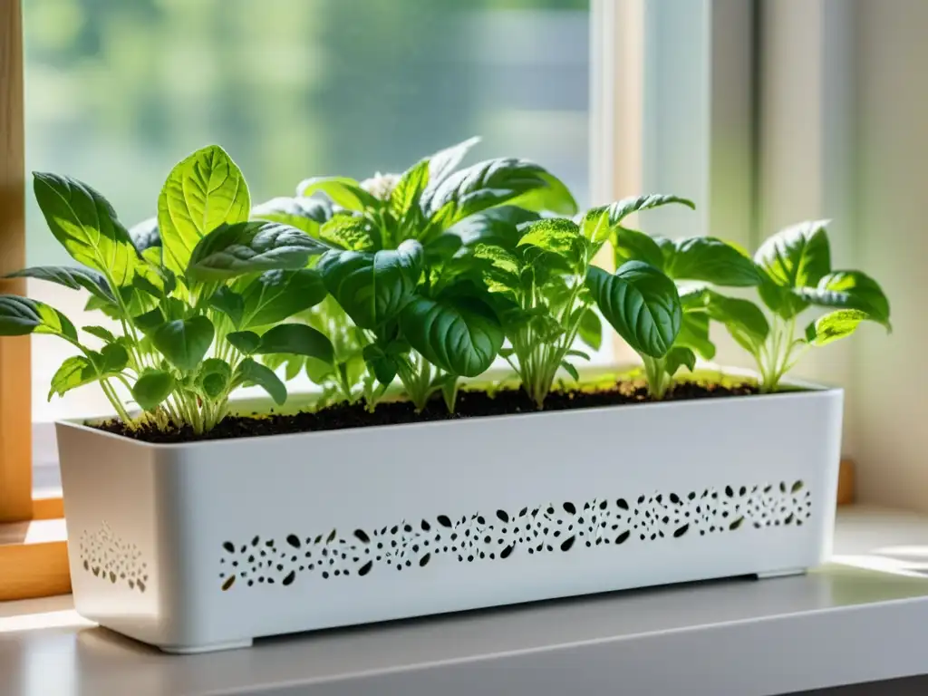 Un jardín de hierbas en interiores con albahaca, menta y manzanilla