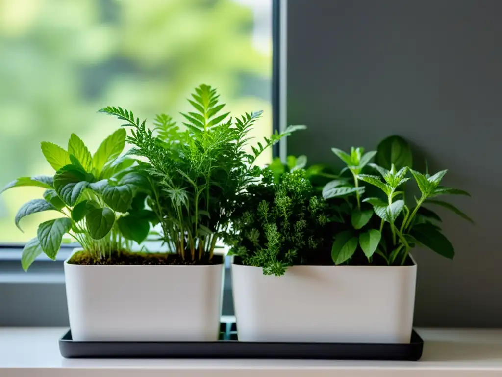 Un jardín de hierbas en interiores, con menta, manzanilla y lavanda en macetas modernas en un alféizar soleado