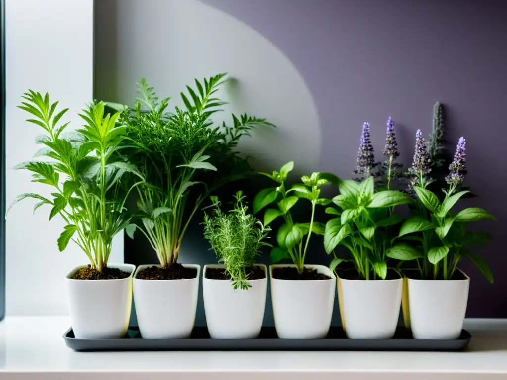 Un jardín de hierbas medicinales interior, ordenado y sofisticado, iluminado por la luz natural