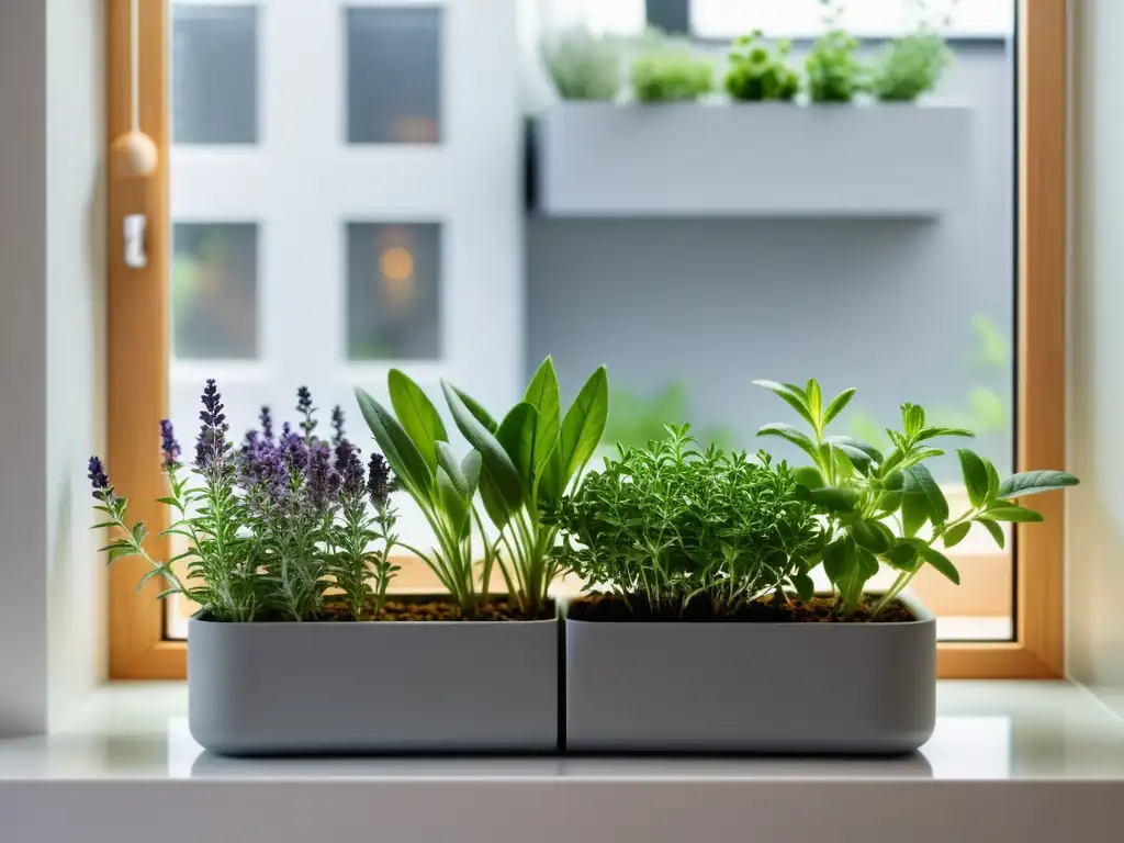 Un jardín de hierbas medicinales interior, con lavanda, tomillo y romero en macetas minimalistas, bañado por la suave luz natural