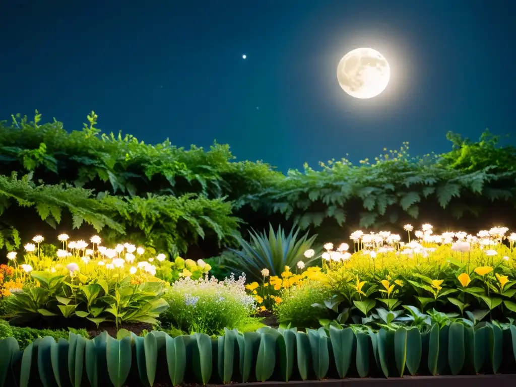 Un jardín iluminado por la luna, con plantas resplandecientes