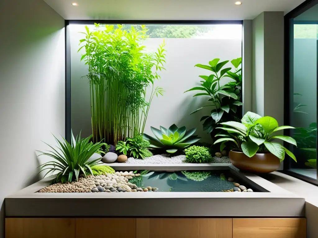 Un jardín de lluvia interior sereno y minimalista con un elegante recipiente de concreto pulido lleno de piedras y adornado con exuberante vegetación