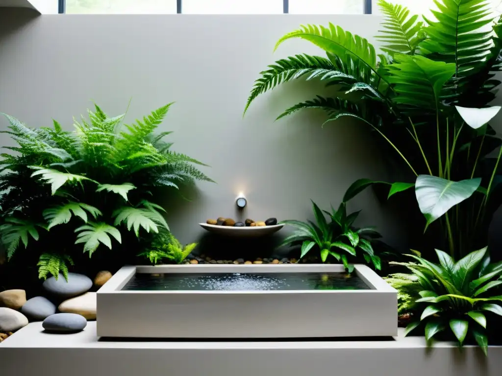 Un jardín de lluvia interior sereno con diseño elegante y plantas exuberantes, que brinda beneficios jardines lluvia interiores