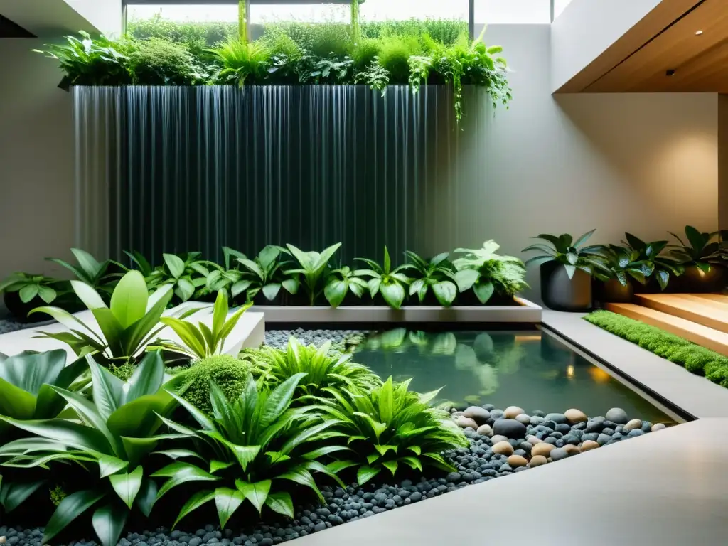 Un jardín de lluvia para plantas de interior, con exuberante vegetación y delicadas cascadas, crea un ambiente pacífico y tranquilo