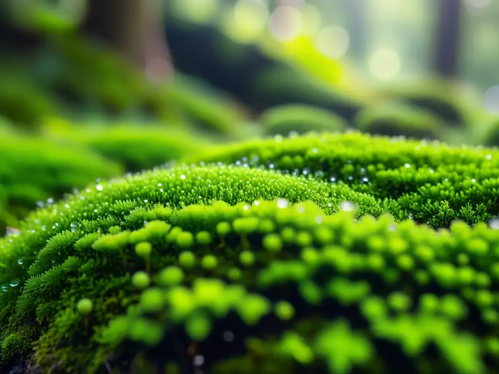 Un jardín de musgos exuberante y sereno, bañado por la luz del sol, con gotas de agua que realzan su belleza