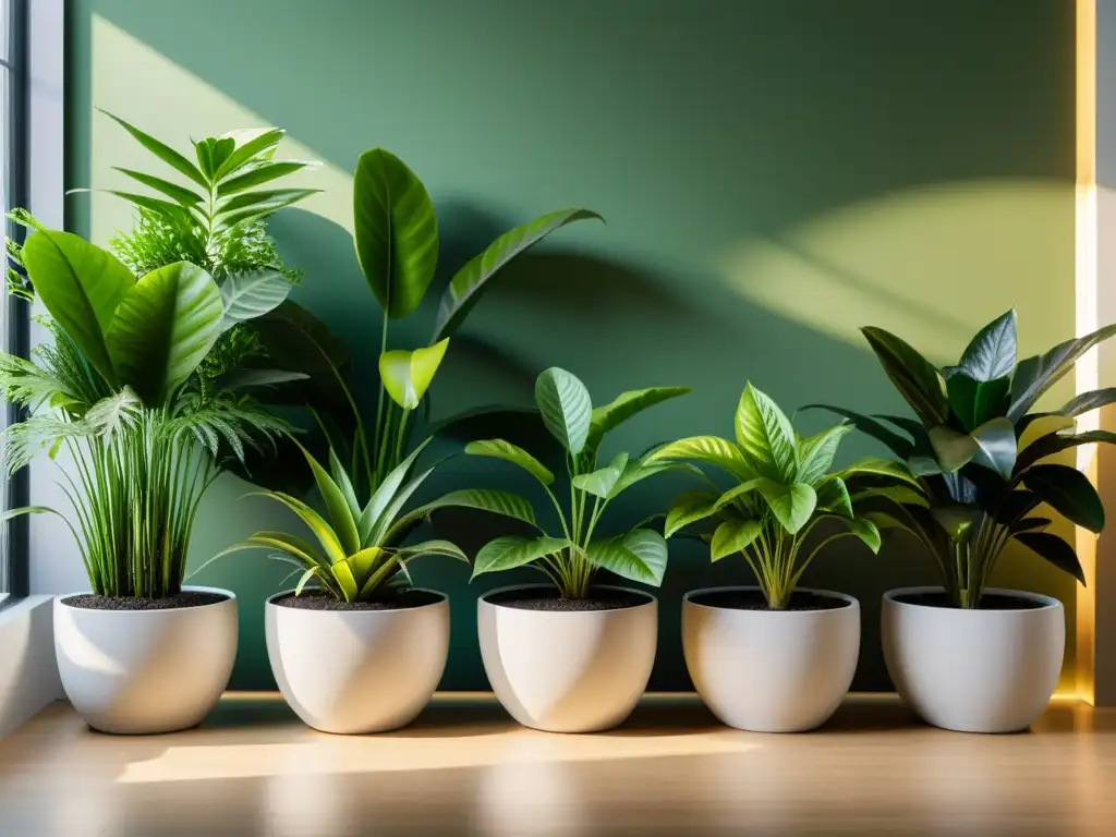 Un jardín de plantas de interior tranquilo y relajante con detalles de follaje en macetas modernas