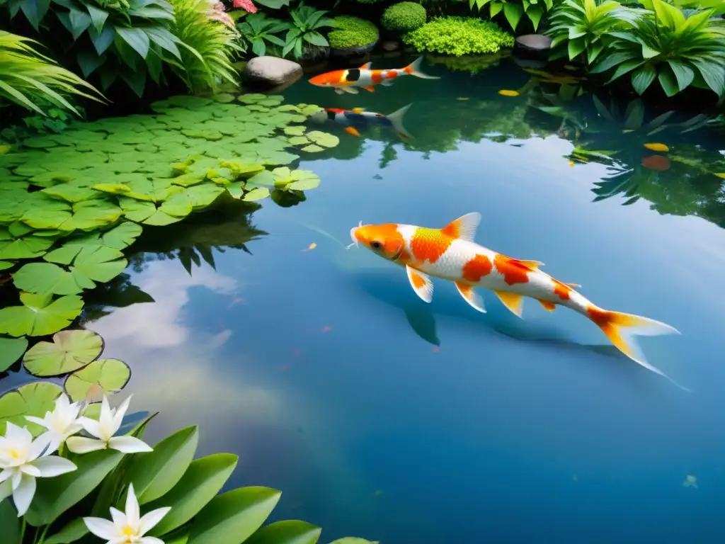 Un jardín sereno con estanque acuático y coloridos peces koi