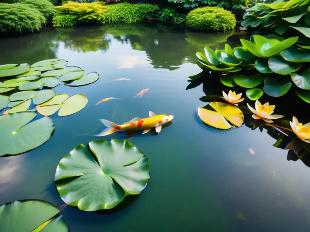 Un jardín sereno con estanque, lirios de agua, peces koi y exuberante vegetación