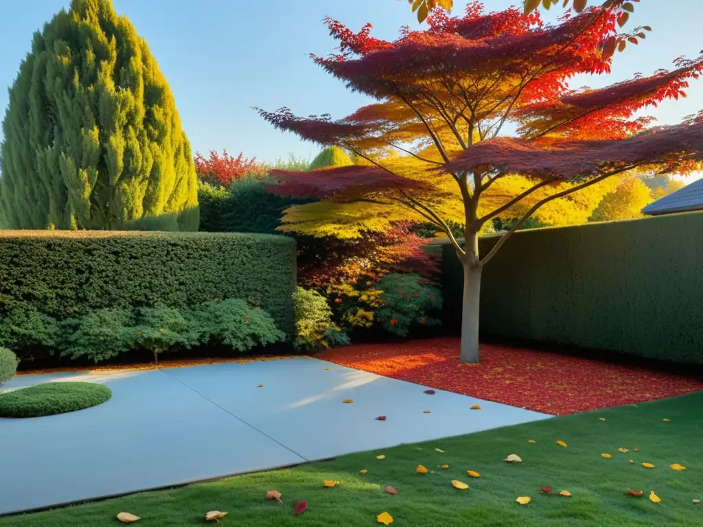 Un jardín sereno y minimalista bañado por la luz dorada del otoño