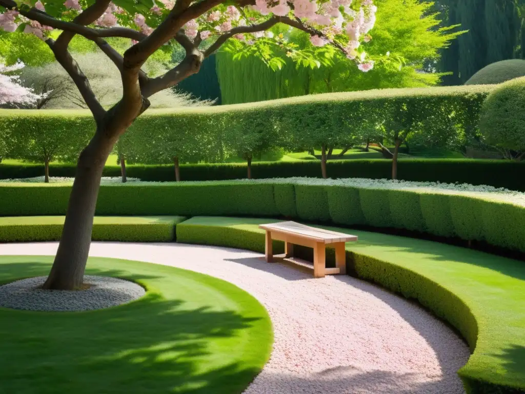 Un jardín sereno y minimalista con sendero de piedra, bancos y árbol de cerezo en flor