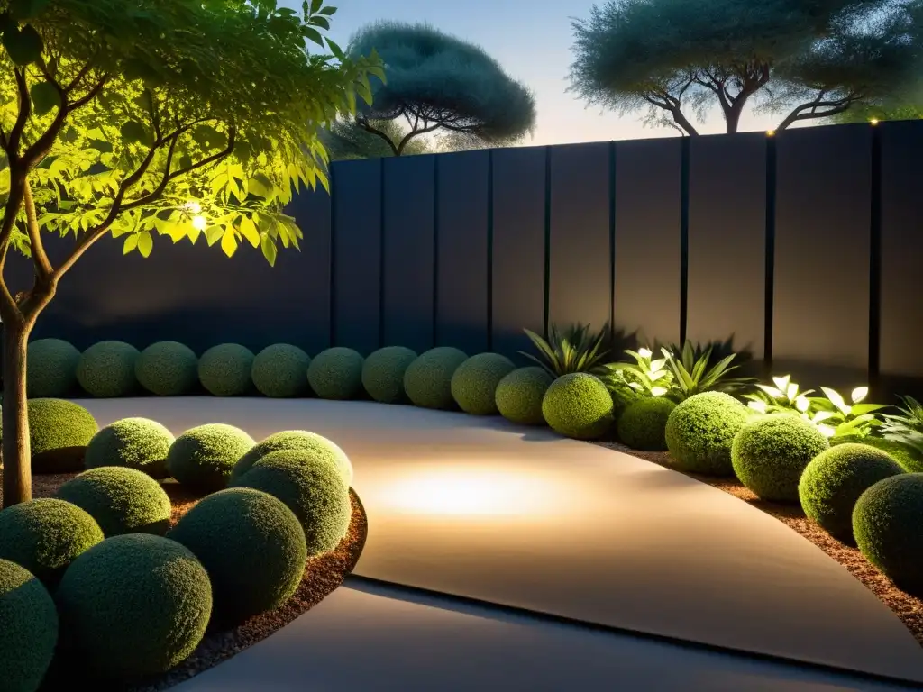 Un jardín de sombra iluminado con luces cálidas, creando un ambiente sereno