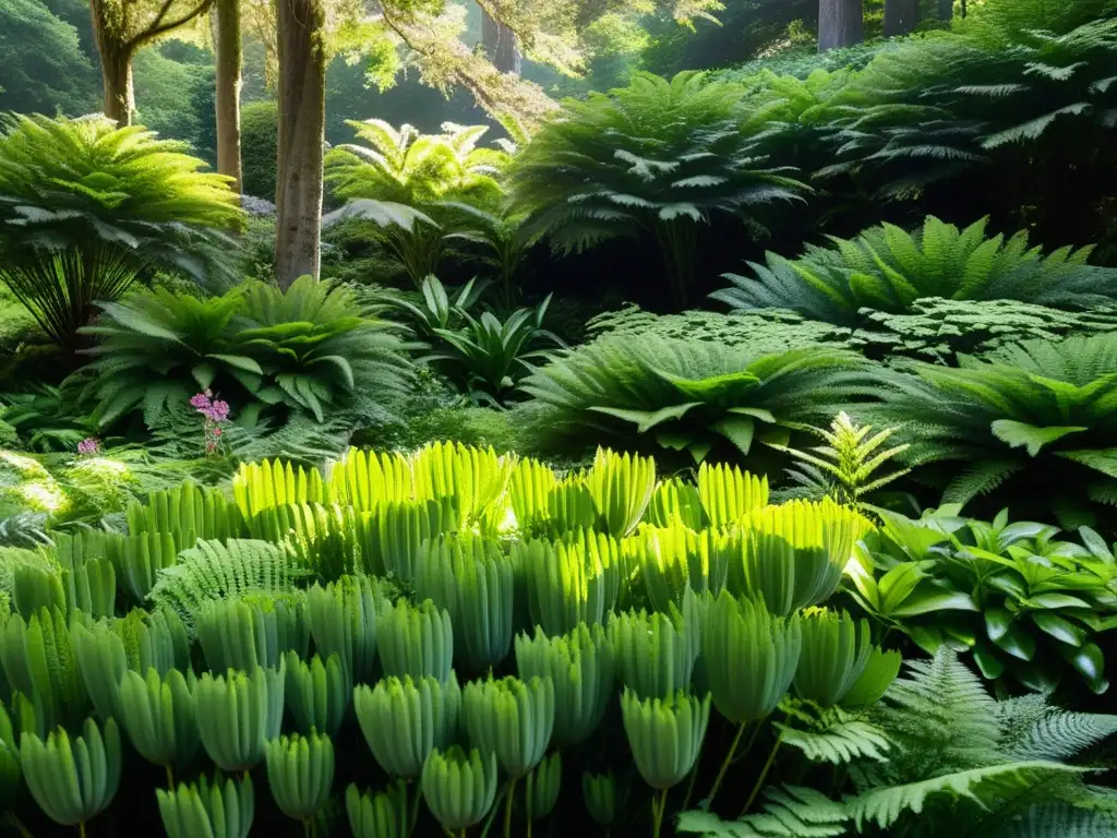 Un jardín sombrío iluminado por la luz natural, crea un ambiente sereno y fascinante