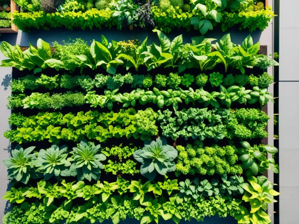 Un jardín de tejado exuberante con cultivo huerto comestible en alturas, bañado por la suave luz del sol, transmitiendo armonía y abundancia