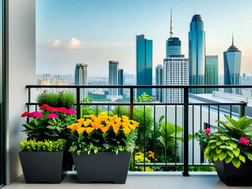 Jardinería en balcones altos: Un jardín de balcón moderno y elegante con plantas en macetas, flores vibrantes y un fondo de la ciudad