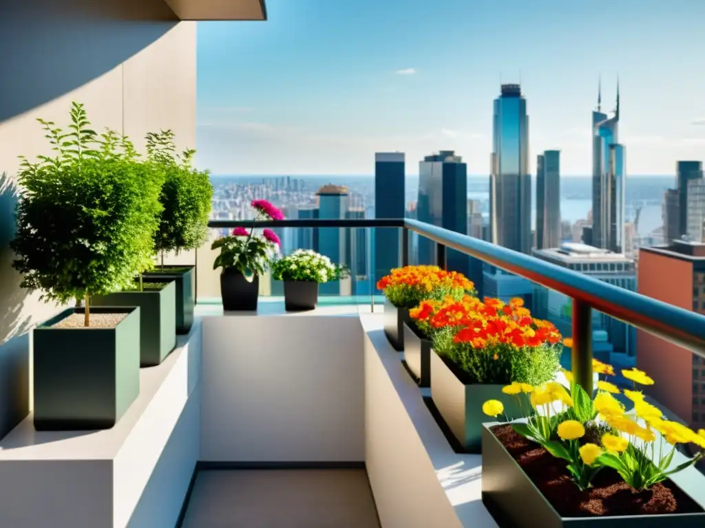 Jardinería en balcones altos: Un oasis urbano en un moderno balcón lleno de plantas y flores, con vista a la ciudad