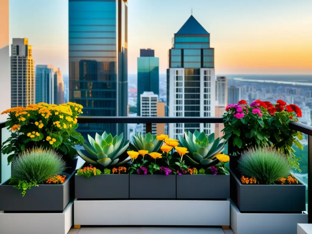 Jardinería en balcones altos: un oasis urbano con plantas vibrantes y coloridas en macetas modernas, con la ciudad al fondo y el sol poniéndose