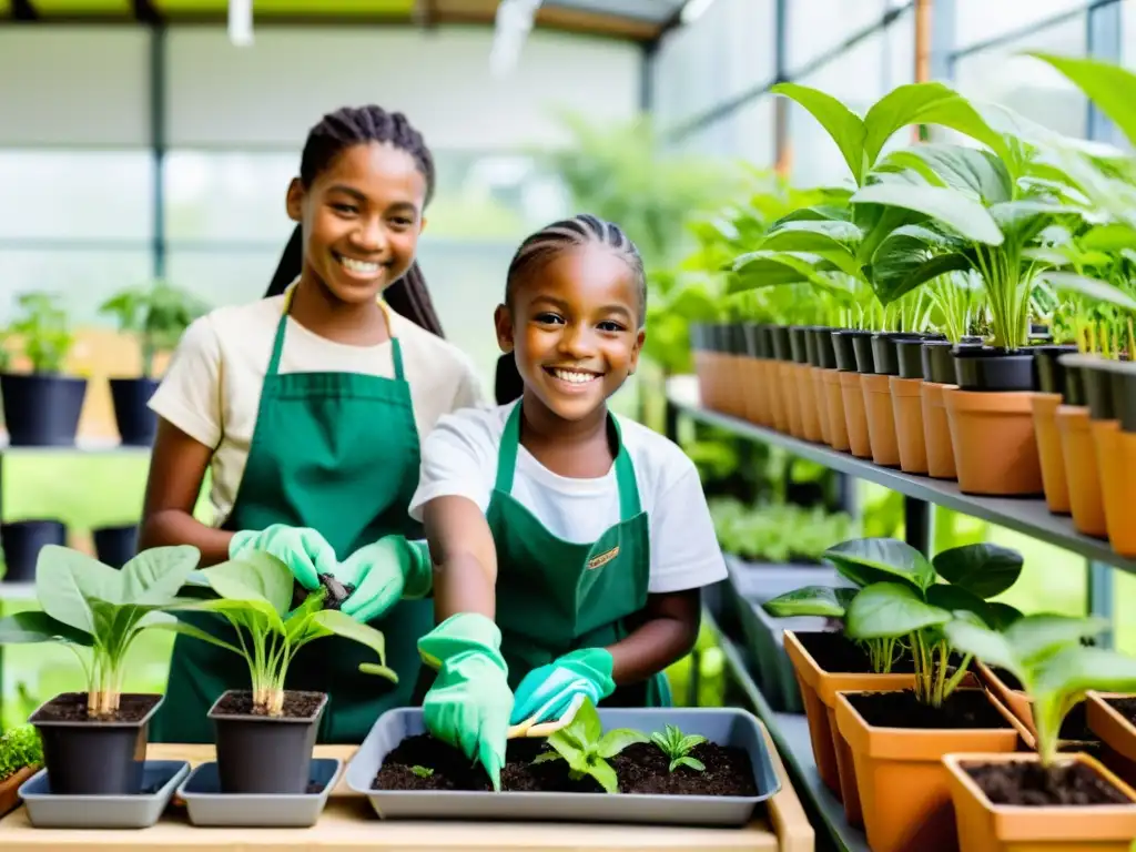 Jardinería comunitaria para niños: Grupo de niños cuidando plantas en un luminoso jardín comunitario, sonrientes y comprometidos