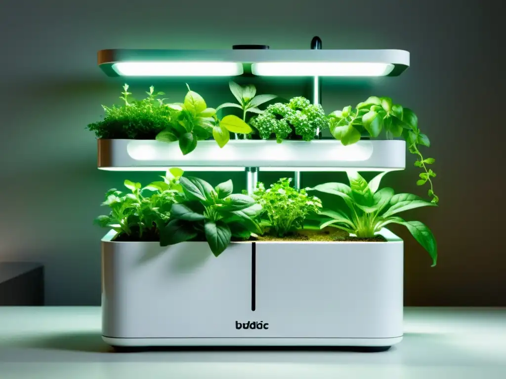 Jardinería hidropónica inteligente en interiores: sistema de cultivo hidropónico con luces LED y plantas exuberantes en un elegante entorno minimalista