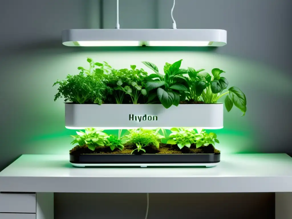 Jardinería hidropónica inteligente en interiores: sistema elegante con plantas vibrantes bajo luces LED suaves