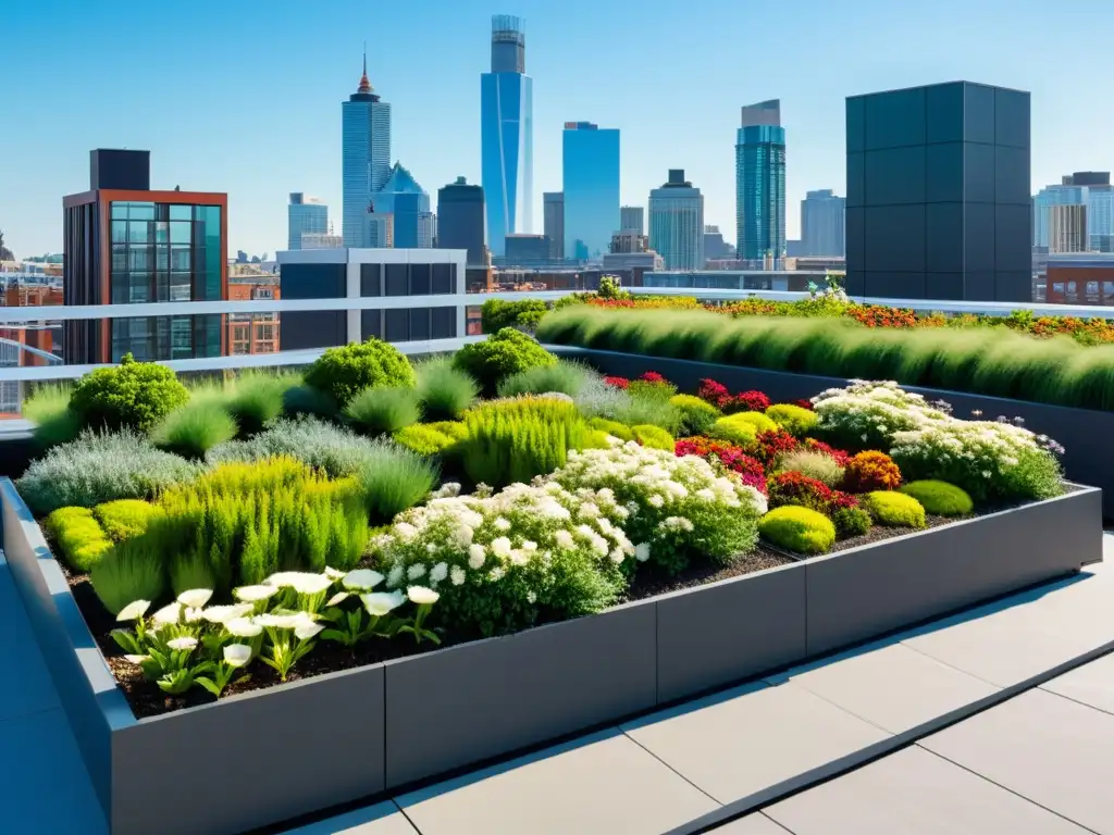 Jardinería urbana con techos verdes modulares: un oasis urbano con plantas vibrantes y modernos edificios de fondo bajo cielo azul