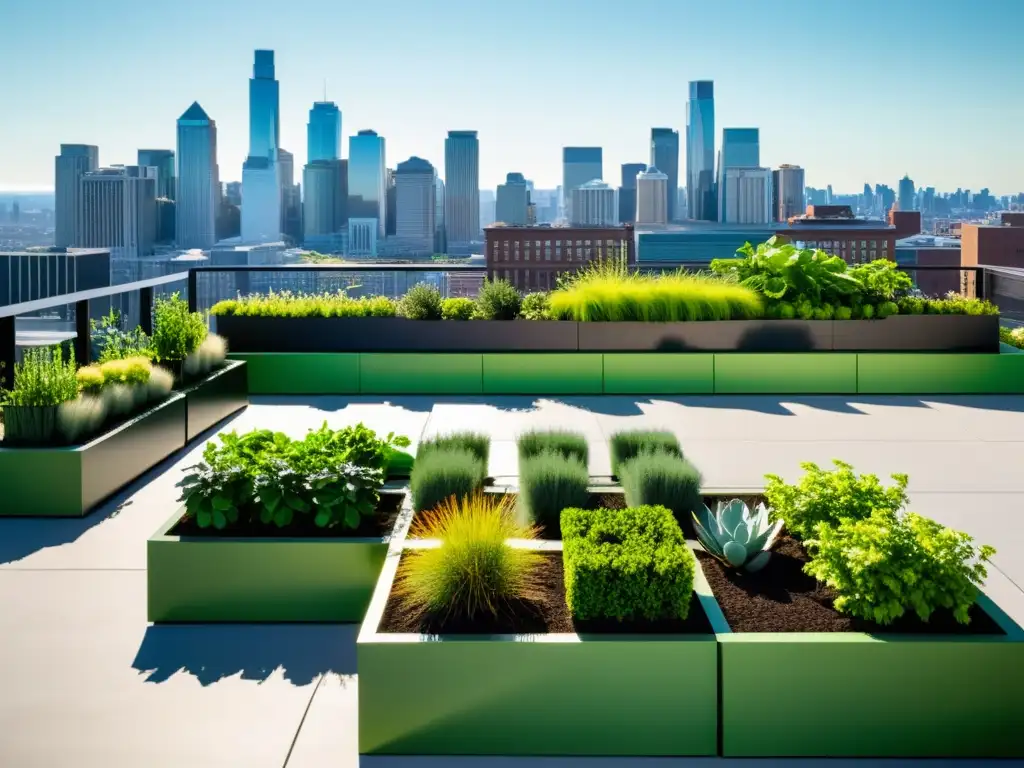 Jardinería urbana con techos verdes modulares: Jardín en la azotea con plantas en macetas modulares, sol y skyline urbano al fondo