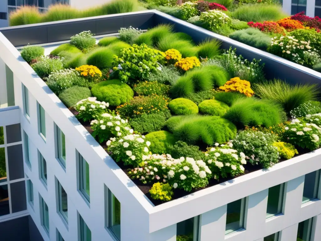 Jardinería urbana: techos verdes modulares en edificio urbano moderno, resalta contraste entre vegetación exuberante y diseño minimalista