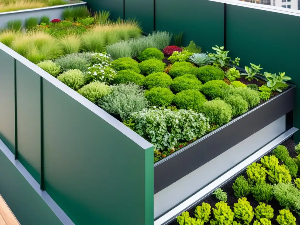 Jardinería urbana con techos verdes modulares: Detalle de un sistema de techo verde en un edificio moderno, resaltando la exuberante vegetación