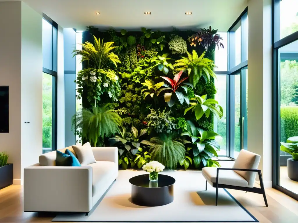 Jardinería vertical para interiores: Sala moderna con jardines modulares de plantas exuberantes, iluminada por luz natural