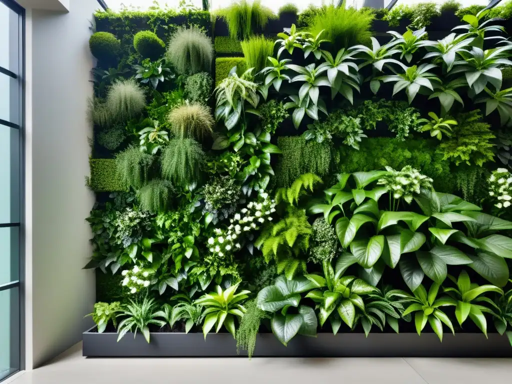 Jardinería vertical modular para interiores: Impactante jardín vertical minimalista con plantas vibrantes en un diseño moderno y elegante