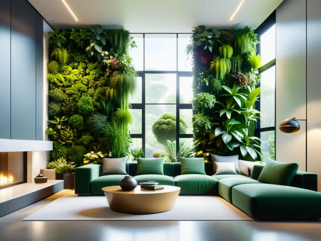 Jardinería vertical modular para interiores: Sala moderna con jardines verticales, plantas verdes y decoración minimalista, bañada por luz natural