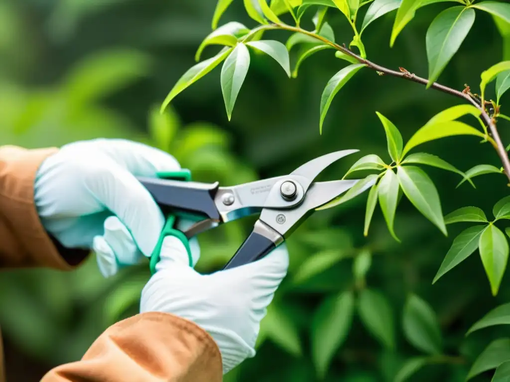 Un jardinero experto utiliza unas tijeras de podar para dar forma a un exuberante arbusto