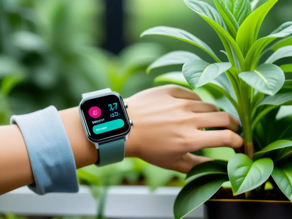 Un jardinero moderno monitorea plantas usando tecnología wearable para cuidado de plantas interiores, en un ambiente sereno y sofisticado