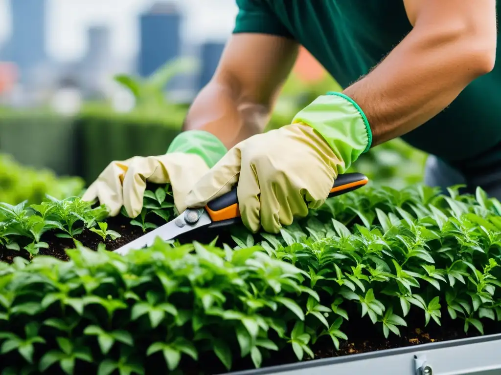 Un jardinero cuidando con precisión un techo verde en verano