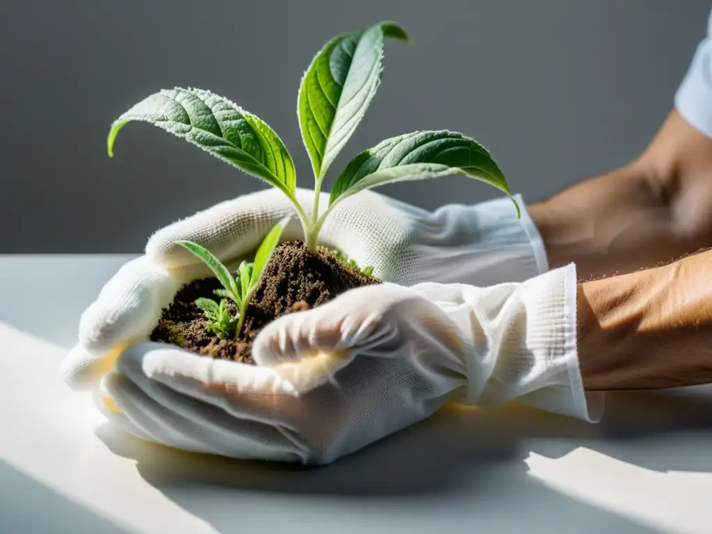 Un jardinero profesional, con guantes, envuelve con precisión un tallo enfermo en un pedazo de gasa, aislar plantas enfermas correctamente