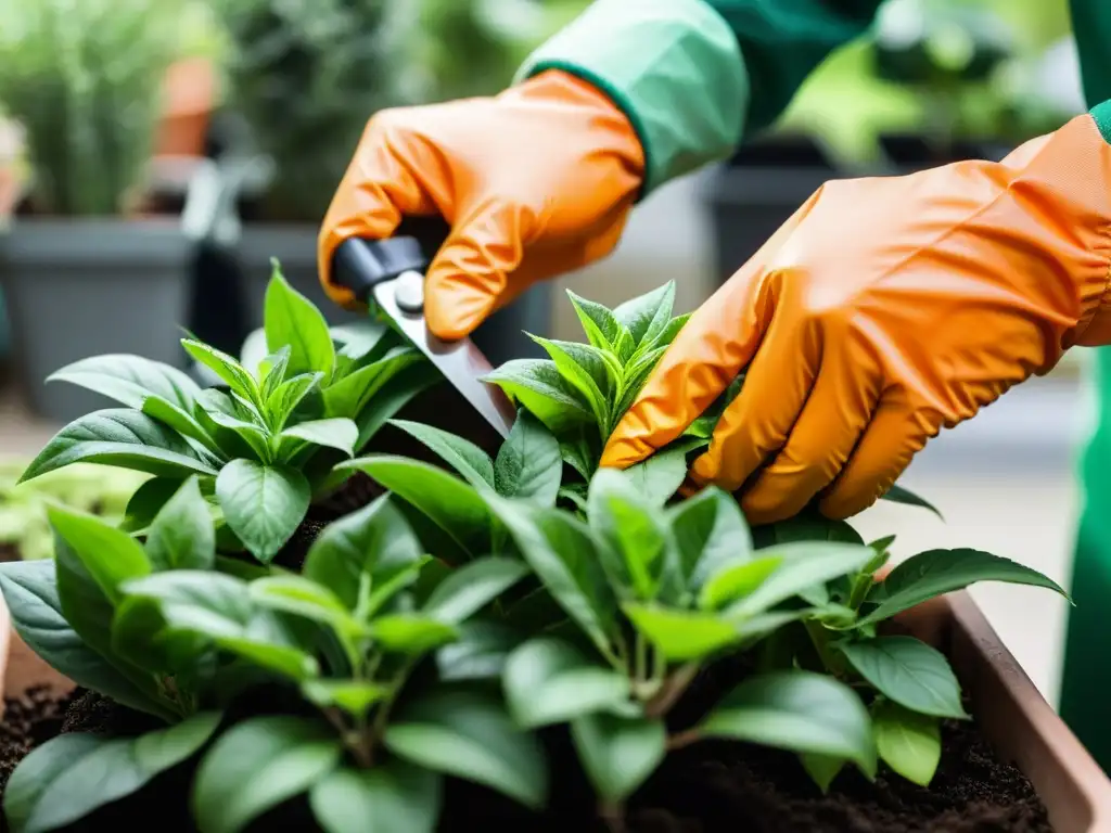 Un jardinero profesional podando con precisión las hojas de una planta interior, destacando métodos seguros para impulsar crecimiento plantas interior